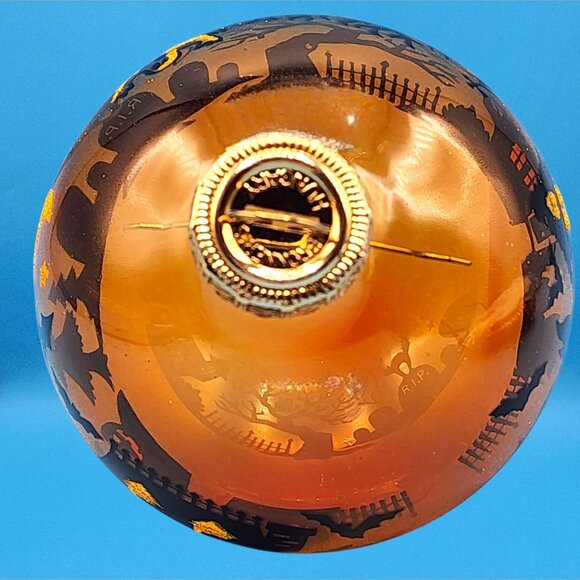 Halloween Haunted House Orange Glass Ball Ornament with Bats & Pumpkins - Picture 6 of 8